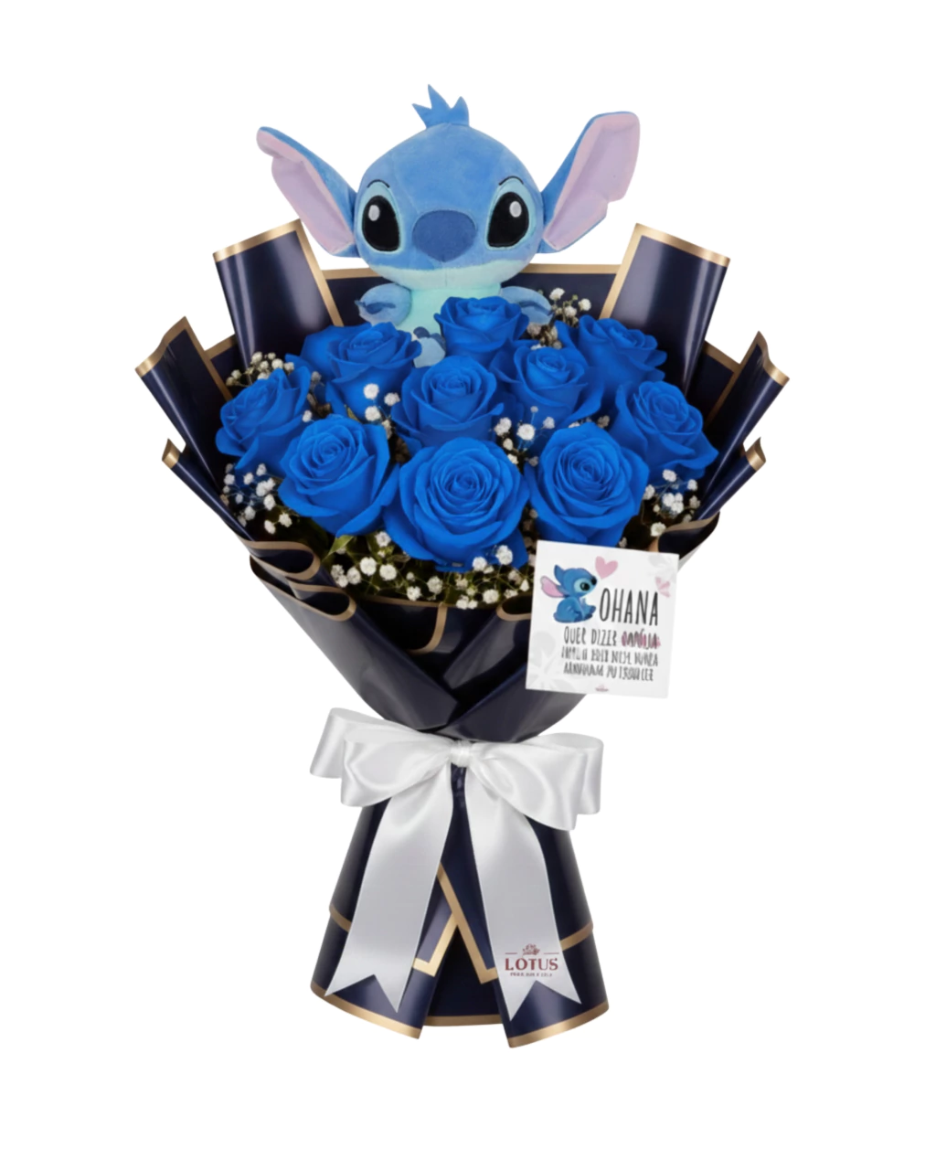 Buquê Ohana 10 Rosas (Escolha A Cor) + Pelúcia Stitch + Cartão
